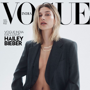 Hailey Bieber wearing the FALLON herringbone chain necklaces in MEDIUM and SHORT for Vogue India..