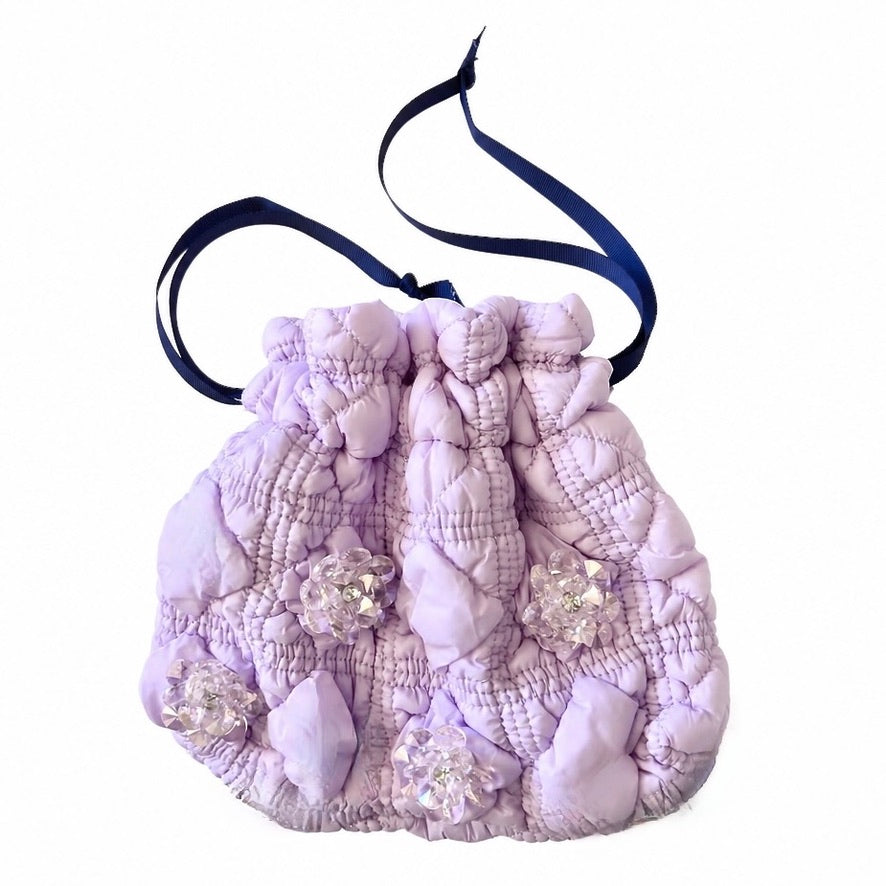 POPPY PUFFER SATCHEL - LILAC/NAVY GROSGRAIN PULLS