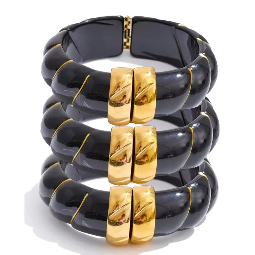 SCALLOPED RESIN AND BRASS CUFF - OBSIDIAN