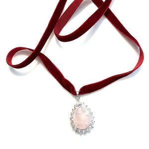 PORTRAIT PEAR STONE PENDANT - ROSE QUARTZ/SCARLET VELVET