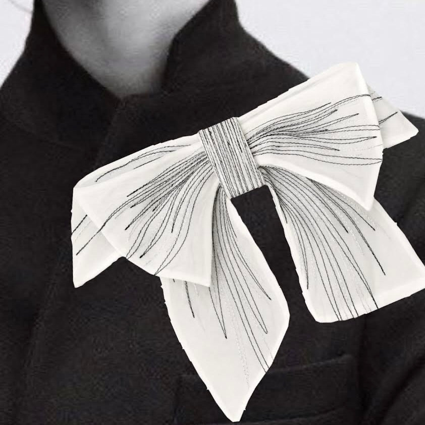 MARTINE CHIFFON OVERSIZED BOW BROOCH WITH TROMPE L'OEIL EMBROIDERY - IVORY