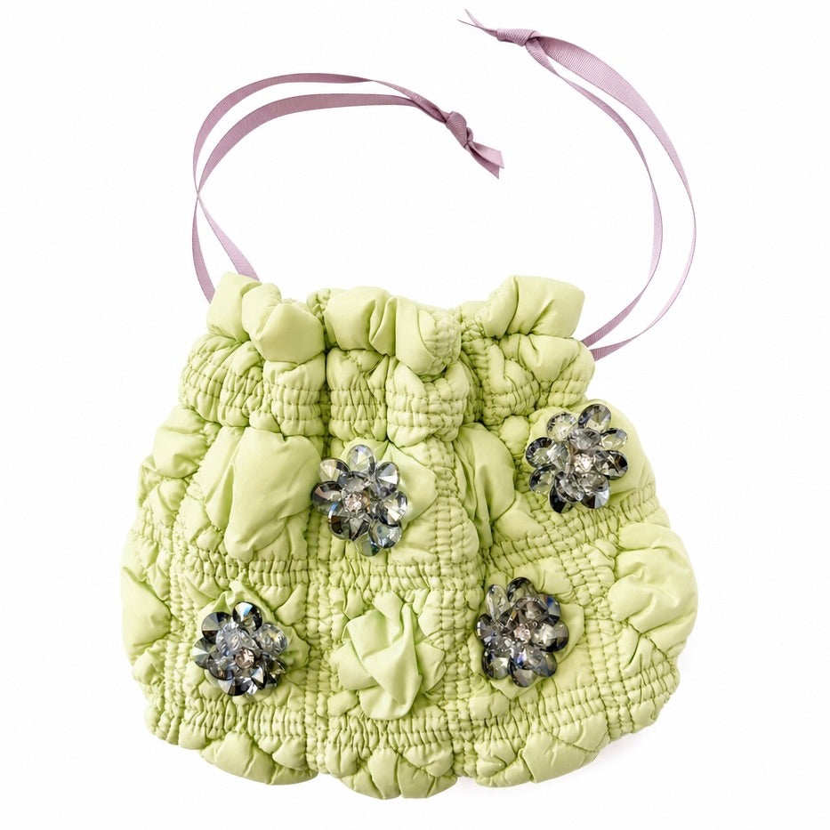 POPPY PUFFER SATCHEL - LIME/DUSTY PINK GROSGRAIN PULLS