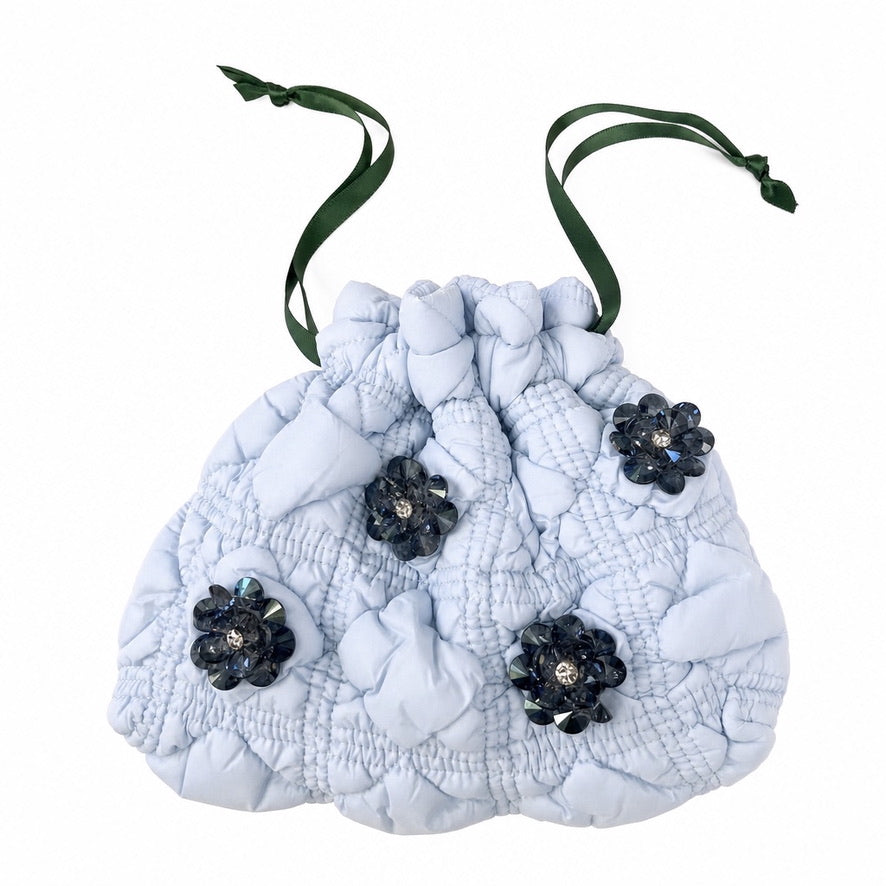 POPPY PUFFER SATCHEL - POWDER BLUE/FOREST GROSGRAIN PULLS