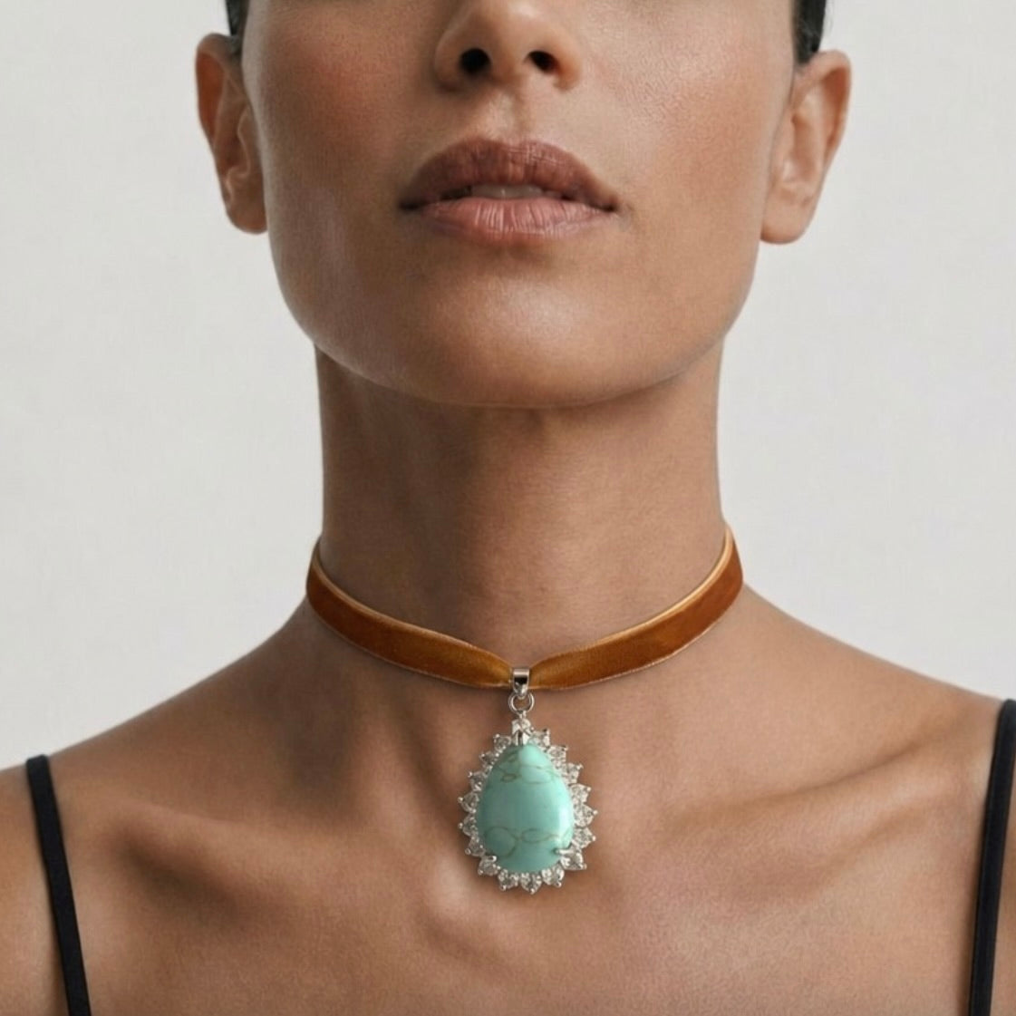 PORTRAIT PEAR STONE PENDANT - TURQUOISE/PENNY VELVET