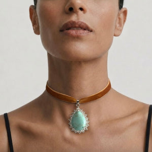 PORTRAIT PEAR STONE PENDANT - TURQUOISE/PENNY VELVET