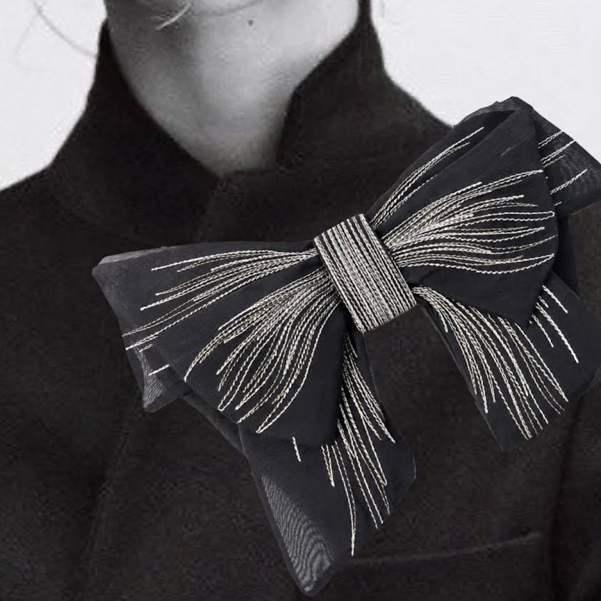 MARTINE CHIFFON OVERSIZED BOW BROOCH WITH TROMPE L'OEIL EMBROIDERY - BLACK