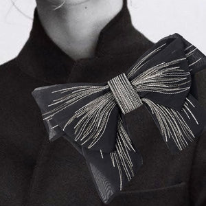 MARTINE CHIFFON OVERSIZED BOW BROOCH WITH TROMPE L'OEIL EMBROIDERY - BLACK