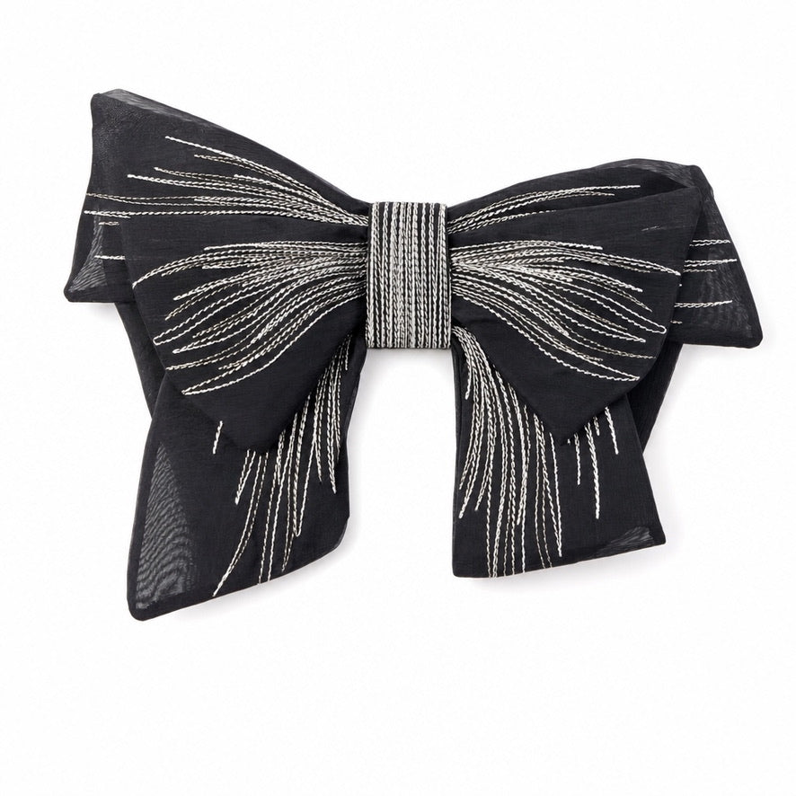 MARTINE CHIFFON OVERSIZED BOW BROOCH WITH TROMPE L'OEIL EMBROIDERY - BLACK