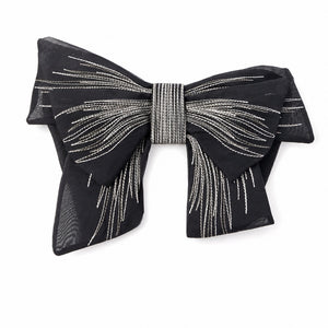 MARTINE CHIFFON OVERSIZED BOW BROOCH WITH TROMPE L'OEIL EMBROIDERY - BLACK