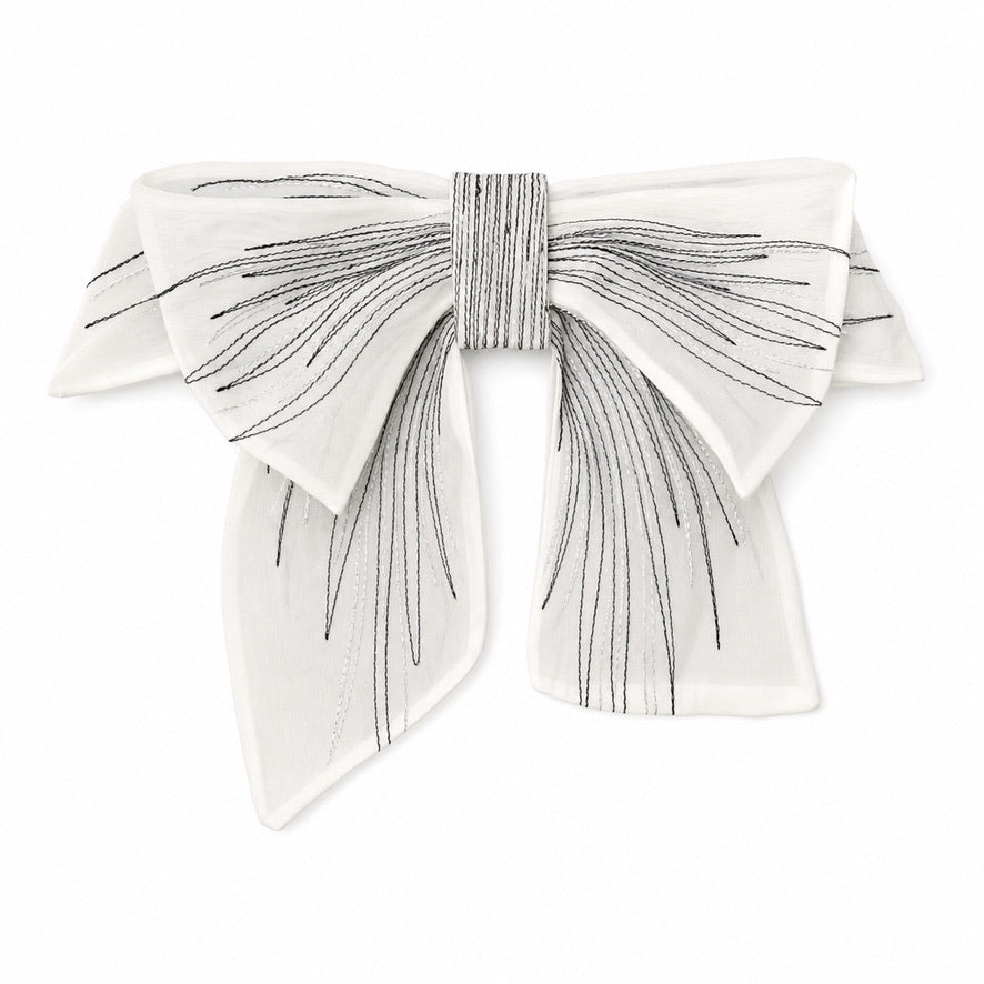 MARTINE CHIFFON OVERSIZED BOW BROOCH WITH TROMPE L'OEIL EMBROIDERY - IVORY