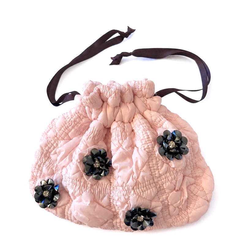 POPPY PUFFER SATCHEL - POWDER PINK/AUBERGINE GROSGRAIN PULLS