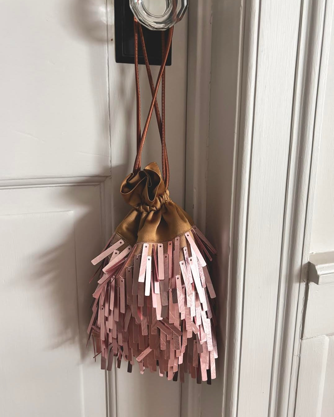 PEREGRINE MATTE PAILLETTE SATCHEL - SADDLE/DUSTY PINK
