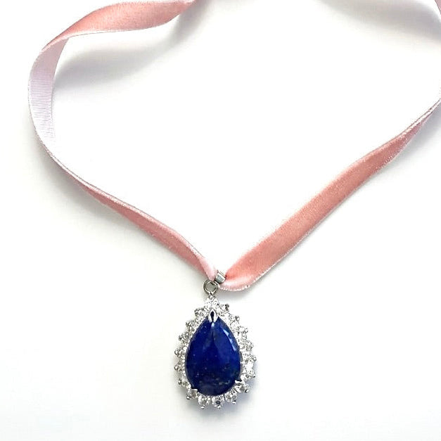 PORTRAIT PEAR STONE PENDANT - LAPIS/PETAL VELVET