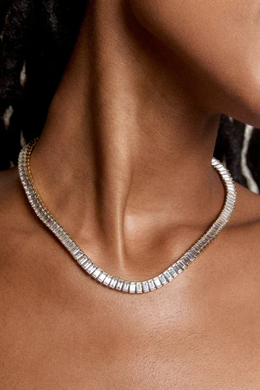 The FALLON Baguette Swag Collar Necklace. Rhodium-plated brass, cubic zirconia stones.