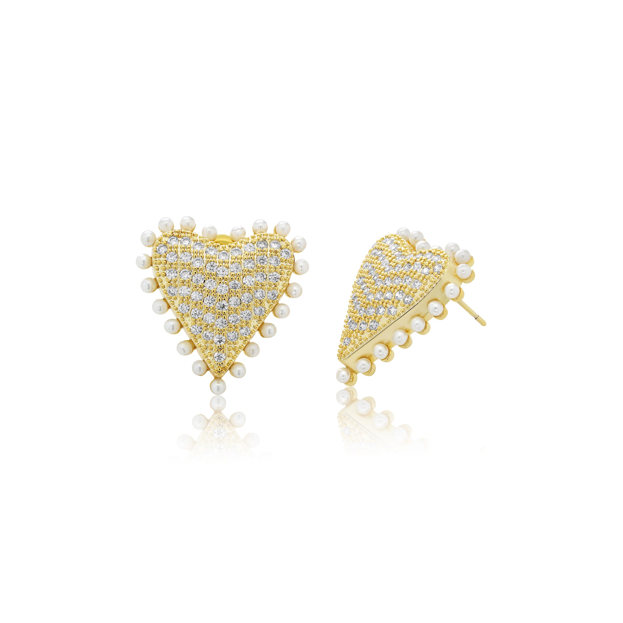 PAVÉ DOTTED PEARL HEART BUTTON EARRING GOLD