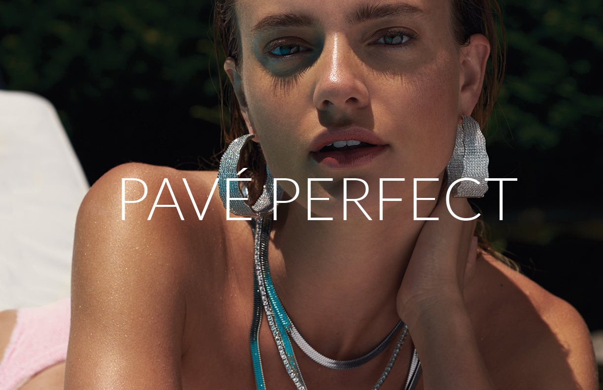 Shop FALLON pavé styles - pave hoop earrings, chains, necklaces, bracelets, chokers.