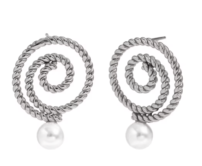 COIL PEARL EARRING - RHODIUM