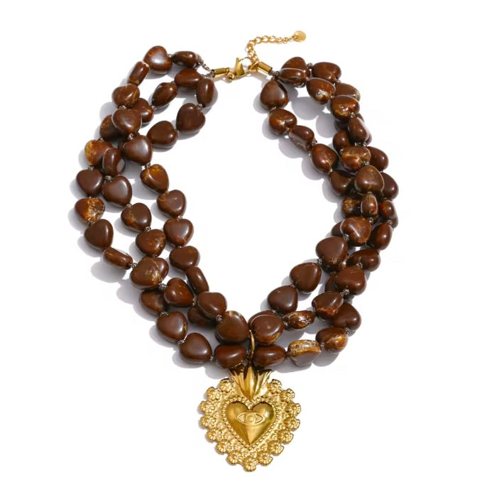 SACRED HEART RESIN BEAD COLLAR - COCOA