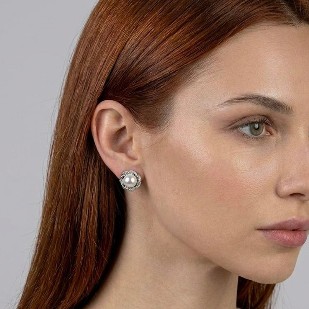 BELLA PEARL BUTTON EARRINGS - RHODIUM