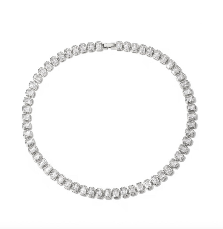 LEXINGTON EMERALD CUT BEZEL SET NECKLACE - RHODIUM