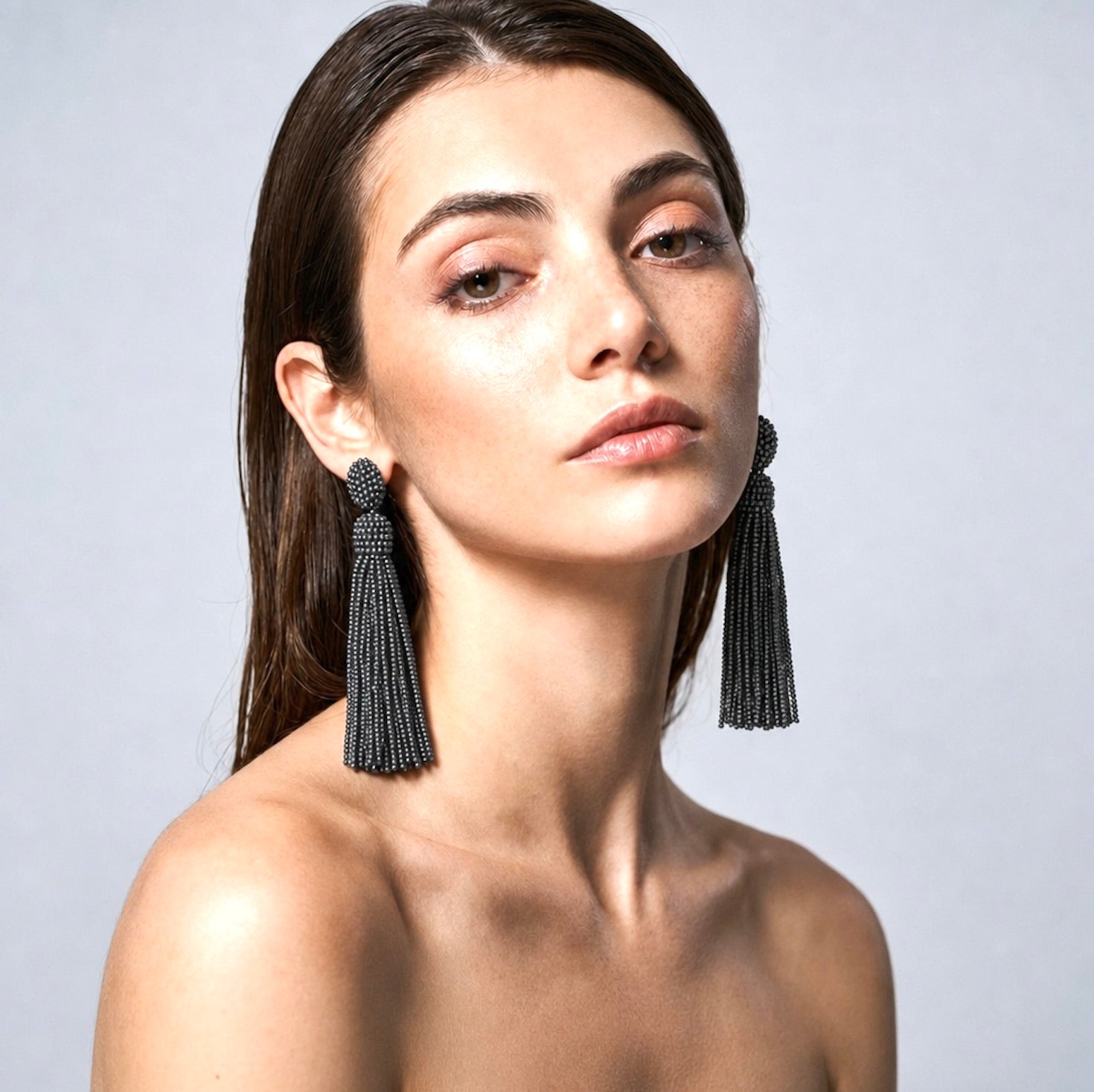 CLARA LONG BEADED TASSEL EARRING - CHARCOAL