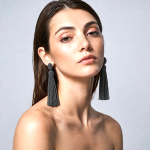 CLARA LONG BEADED TASSEL EARRING - CHARCOAL