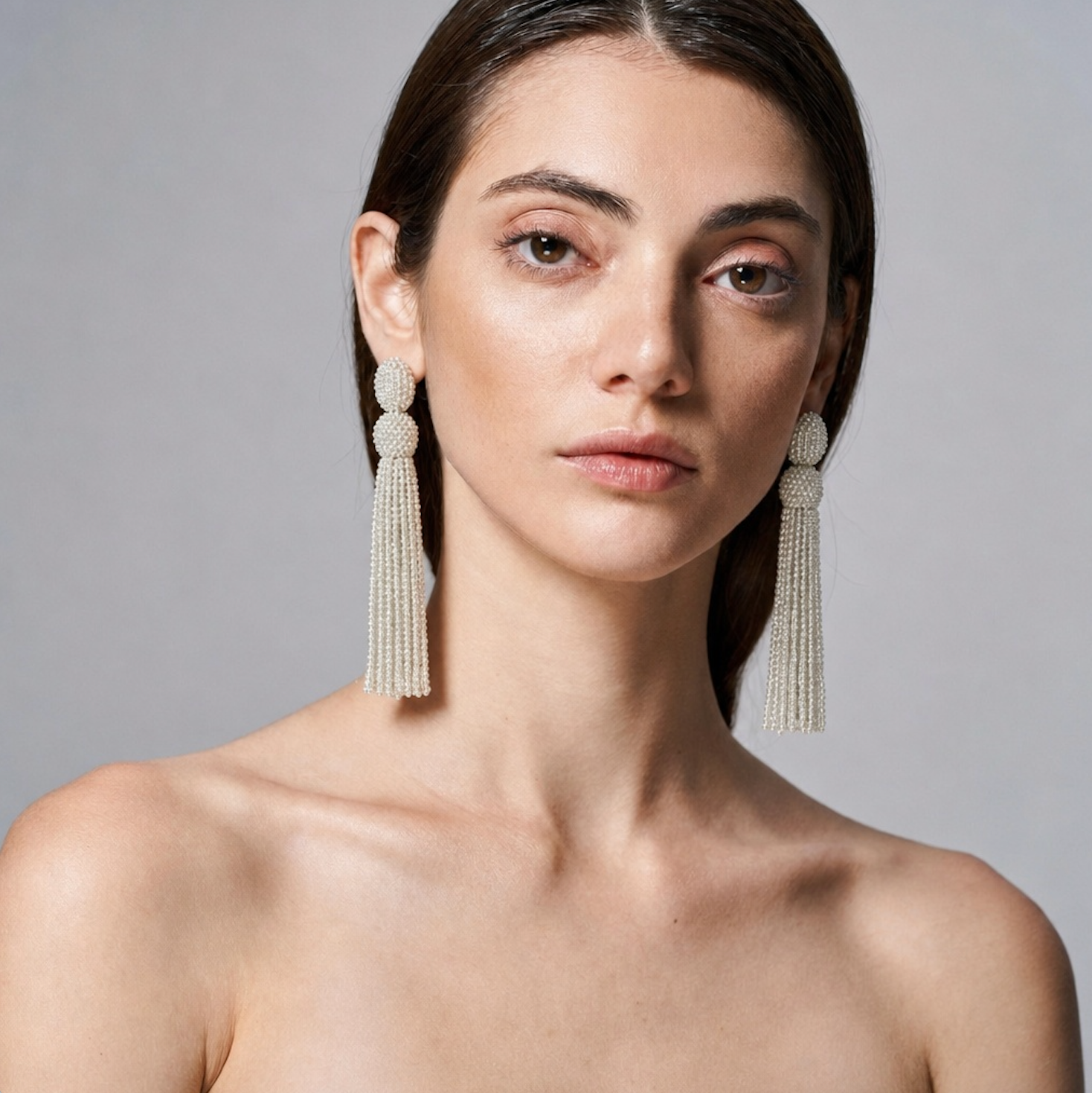 CLARA LONG BEADED TASSEL EARRING - OYSTER