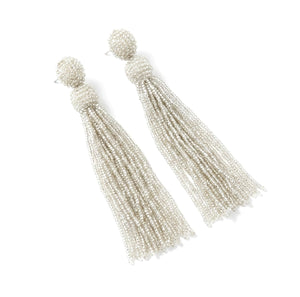 CLARA LONG BEADED TASSEL EARRING - OYSTER