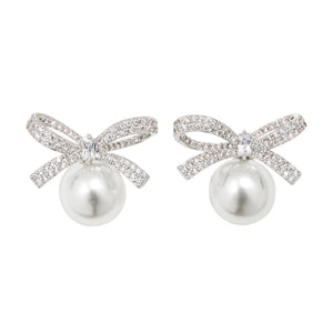 PAVÉ BOW PEARL STUD EARRINGS