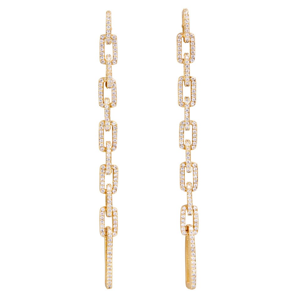 THE FALLON SQUARE LINK PAVÉ DROP EARRINGS IN GOLD.