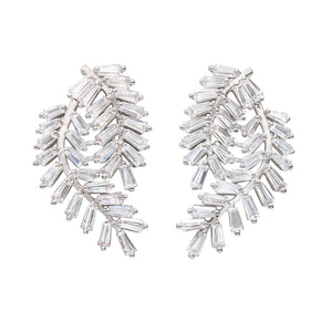 THE FALLON FERN SWAG EARRINGS IN RHODIUM PLATED BRASS AND GLITTERING CUBIC ZIRCONIA CRYSTAL.
