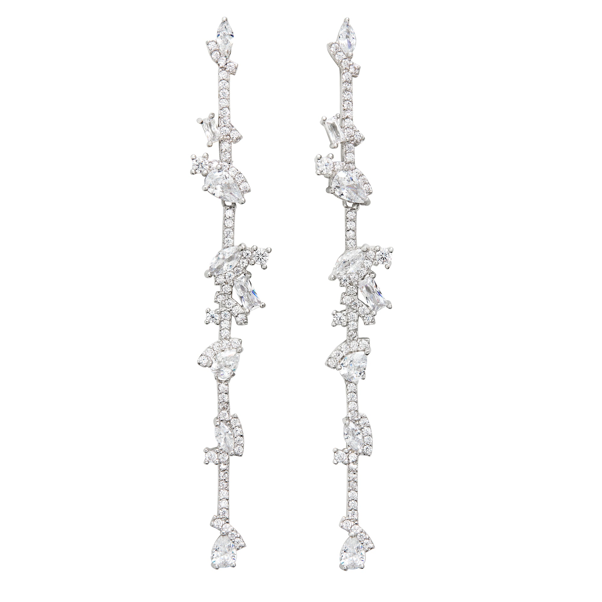 The FALLON STAGGERED STONE BAR DROP EARRINGS are made from plated brass and cubic zirconia.