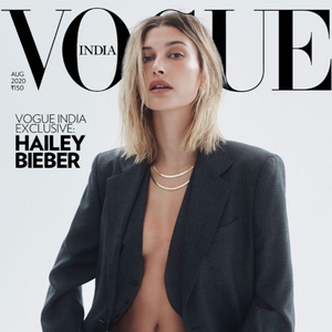 Hailey Bieber wearing the FALLON herringbone chain necklaces in MEDIUM and SHORT for the cover of Vogue India.